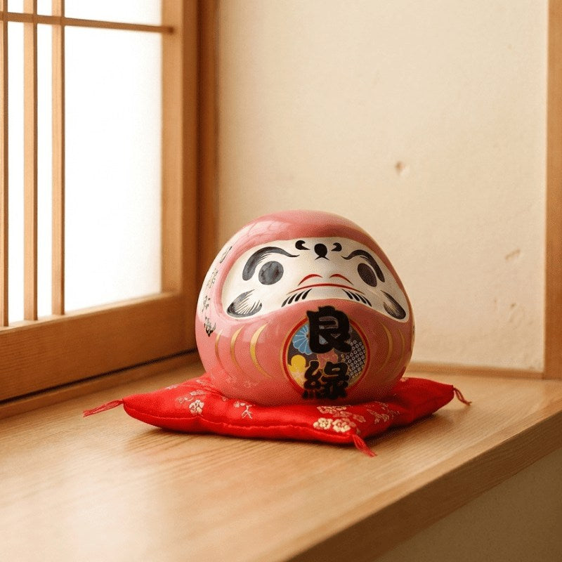 Love symbol daruma pink in gentle rose finish with kanji belly sitting on red cushion beside traditional wooden windowsill with natural sunlight