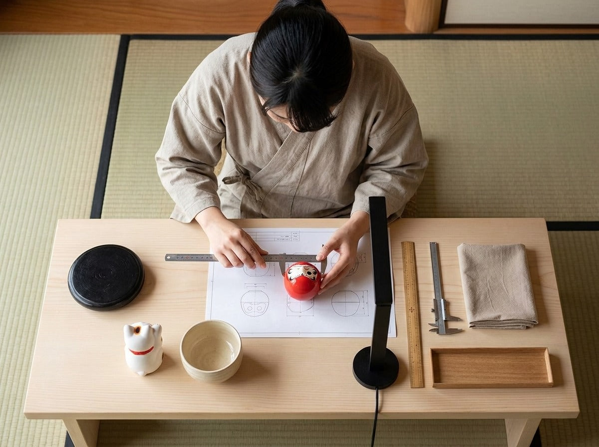 Overhead view of a woman in kimono measuring a red daruma doll art piece with painted face against technical blueprints on a tatami worktable with precision tools