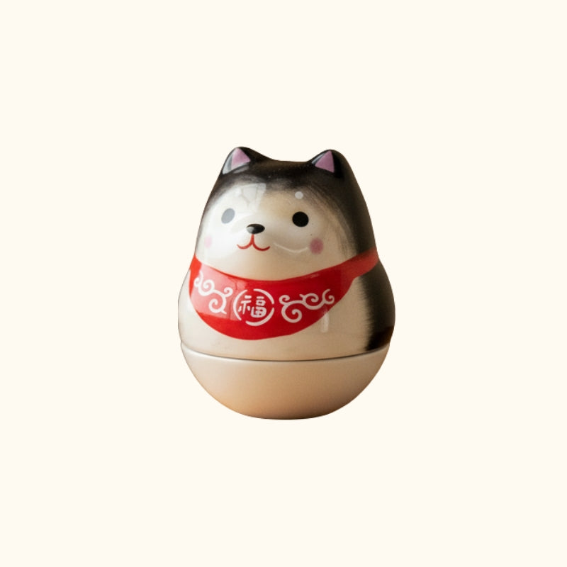 Sophisticated daruma shiba red collar design in gray and white tones on neutral background