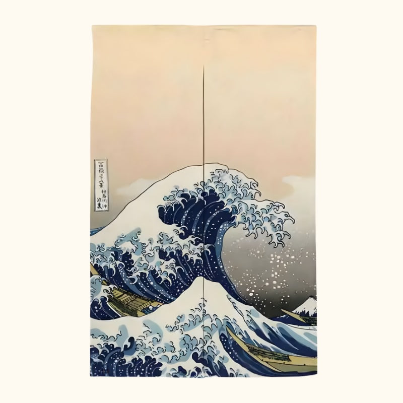 Traditional door curtain noren japanese wave featuring Hokusai Great Wave off Kanagawa with boats and kanji cartouche on cream fabric displayed on white background