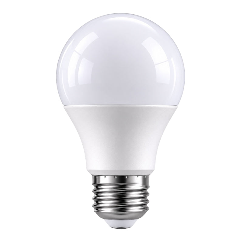 E27 LED bulb with frosted white dome and silver screw base displayed on white background