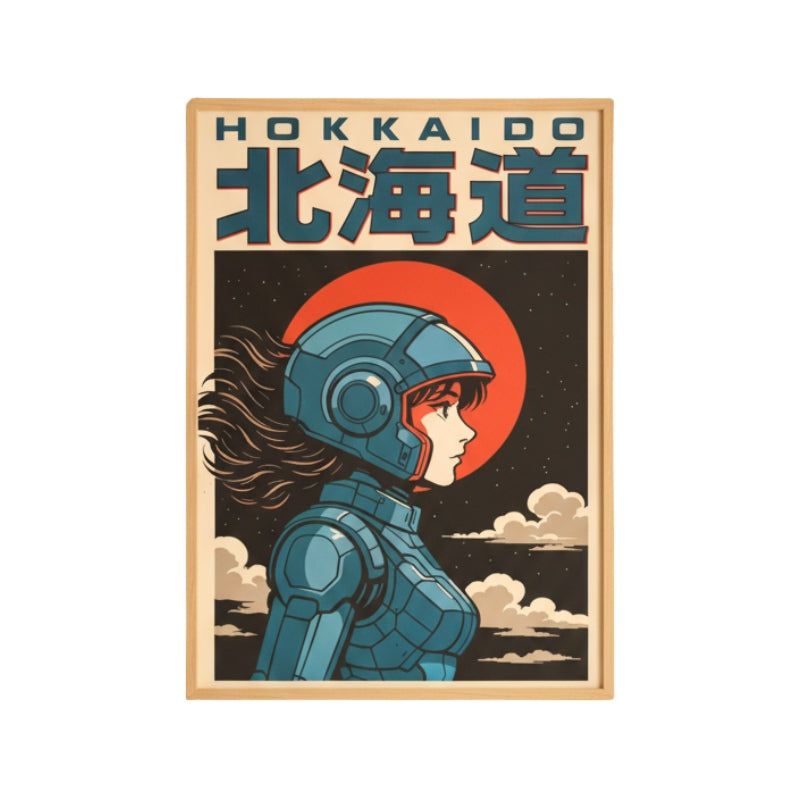 Modern fabric japanese print poster featuring astronaut character with red sun and Hokkaido kanji in natural wood frame on clean background