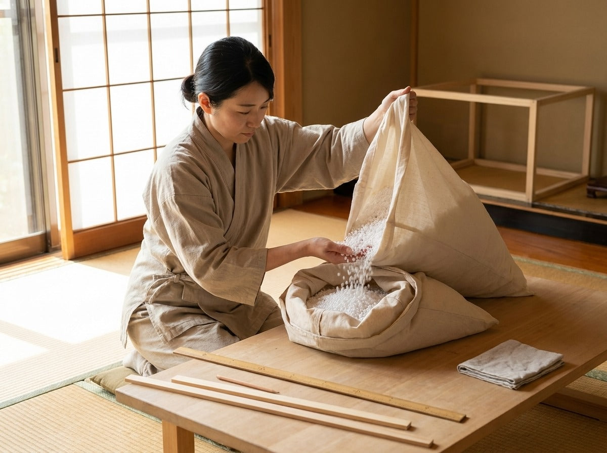 Craftsperson pouring white foam filling into a canvas bean bag cushion cover, wooden dowels and an assembly frame visible on the tatami room table
