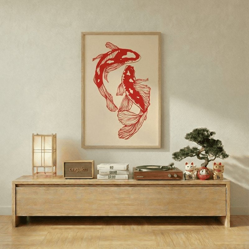 Red koi fish prints japanese poster in wooden frame mounted above console table with bonsai tree maneki neko and Japanese decor accessories