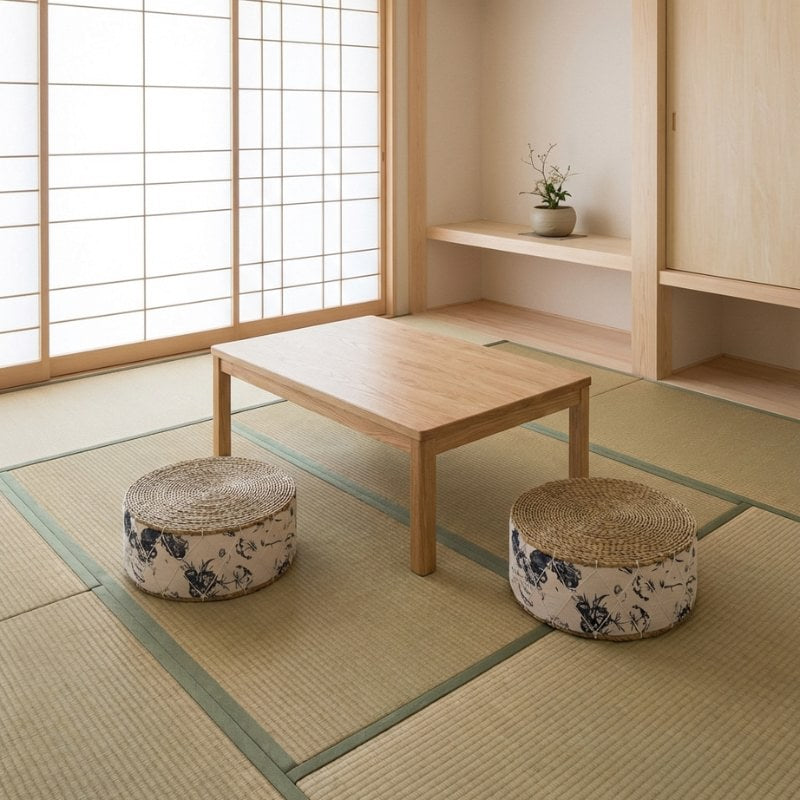Floor cushion white japanese pair with botanical indigo designs around chabudai table on tatami with shoji screen backdrop