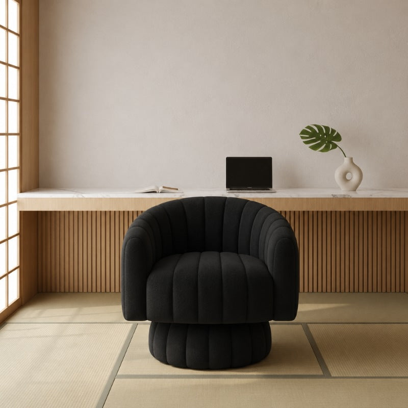 Floor japanese black sofa with bubble texture on tatami in traditional room with wooden slatted credenza and shoji screen