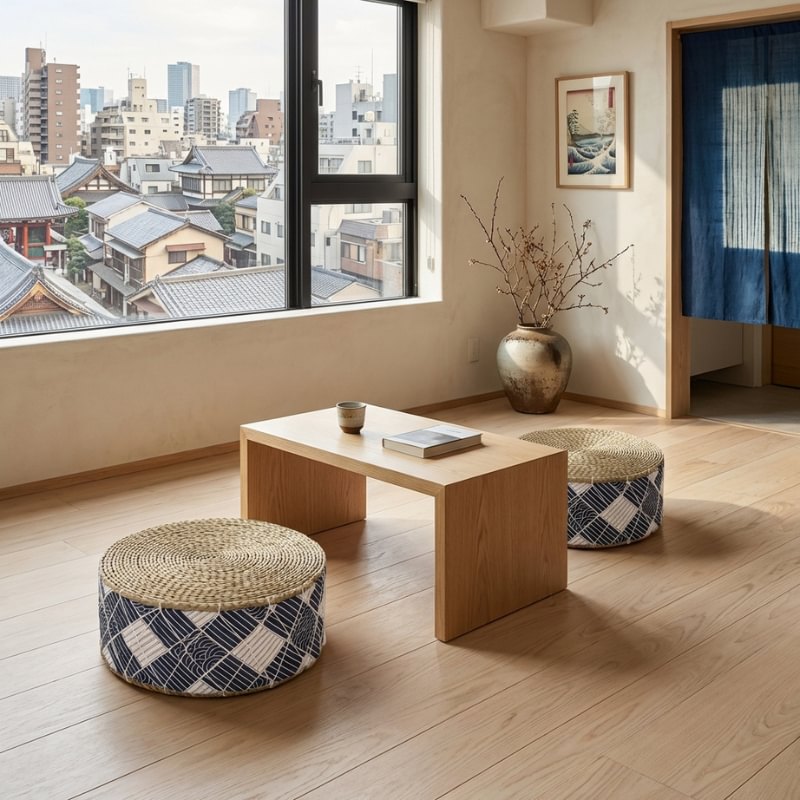 Floor japanese cushion seating with geometric navy patterns beside chabudai table overlooking urban skyline with ukiyo-e wall art