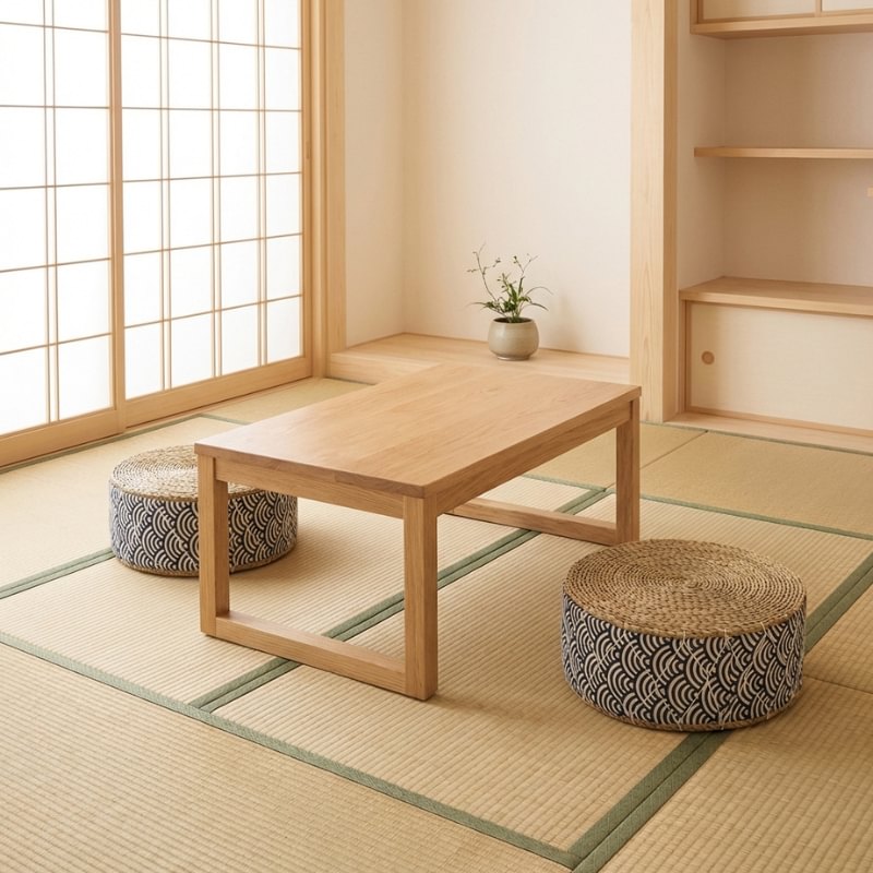 Japanese floor seat cushions with seigaiha wave pattern around wooden chabudai table on tatami mats with shoji screen