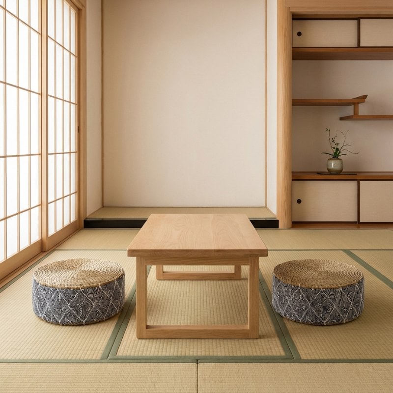 Floor seating japanese style with two zabuton cushions featuring geometric navy patterns on authentic tatami room with shoji doors