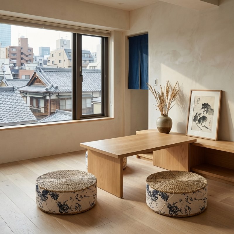 Floor white cushion japanese duo with bamboo flower motifs beside wooden table overlooking rooftops with noren and ink painting