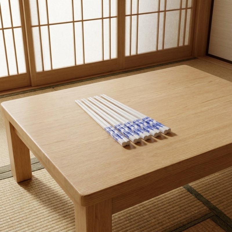 Five pairs of white flower ceramic chopsticks with blue landscape pattern arranged on a low wooden table in a minimalist Japanese room with shoji doors and tatami flooring