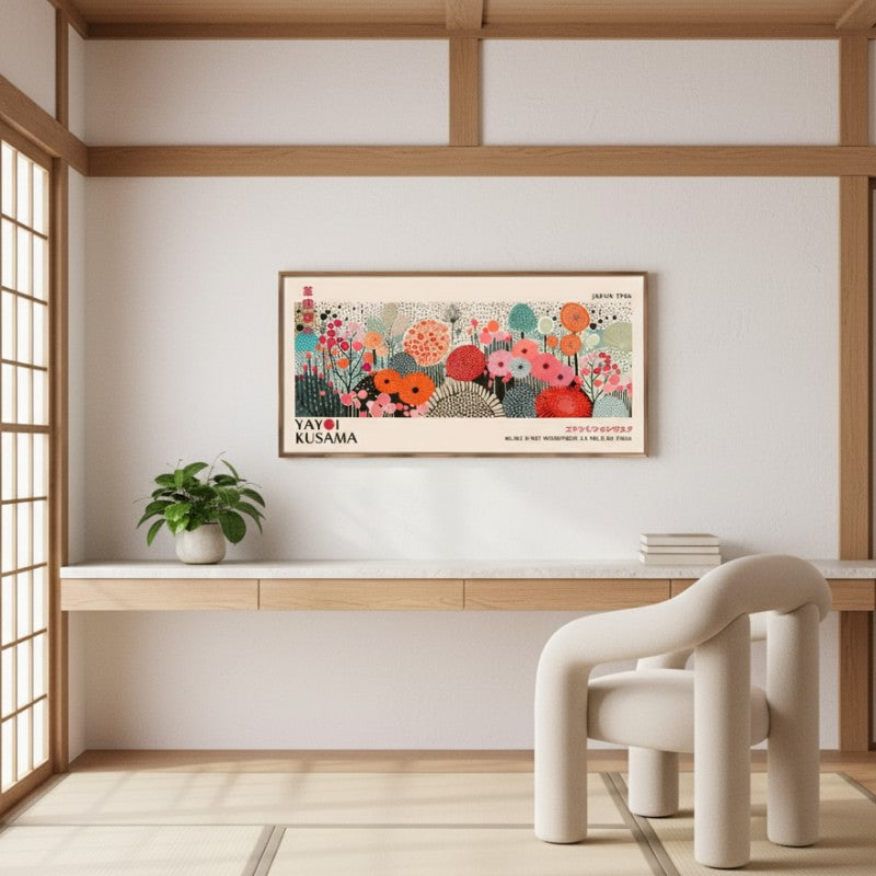 Flowers printing japanese featuring Kusama floral design mounted in minimalist interior with shoji screen wooden console and modern chair