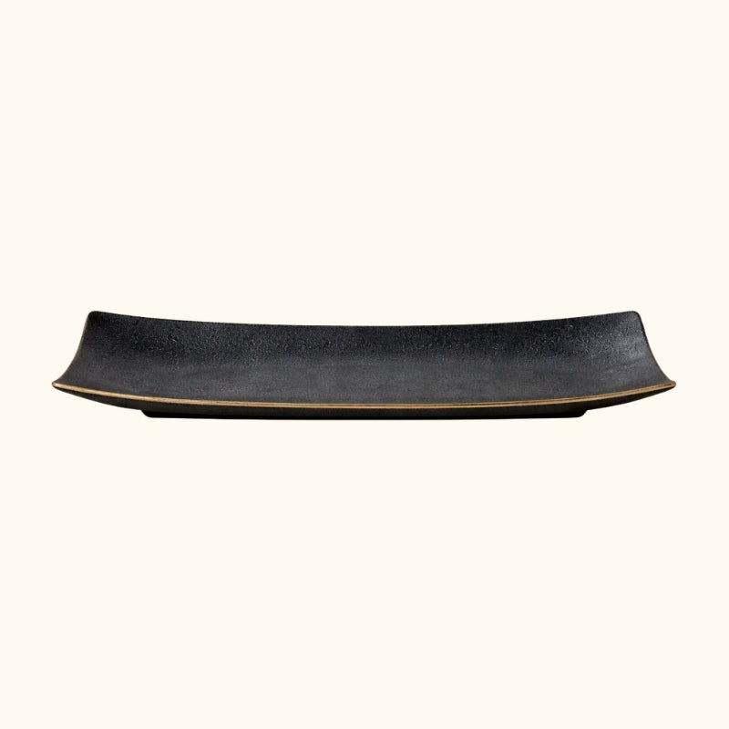 Elegant rectangular for black plate sushi in glossy ceramic finish on white background