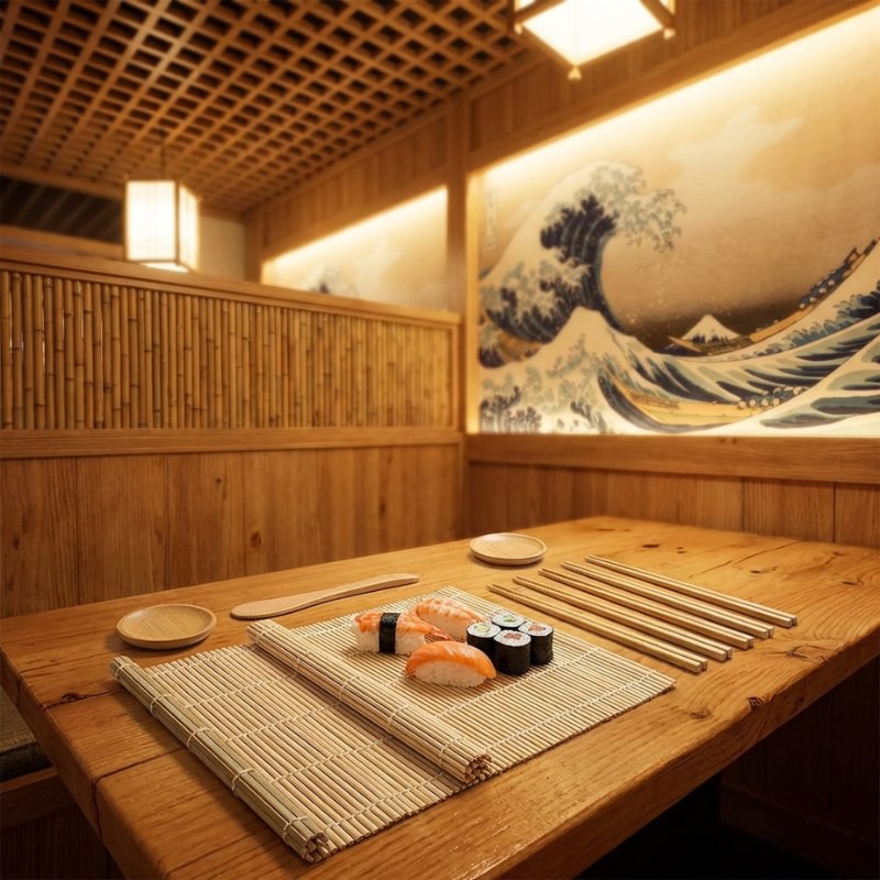 Traditional for making sushi kit with bamboo rolling mat and wooden utensils in authentic Japanese restaurant setting