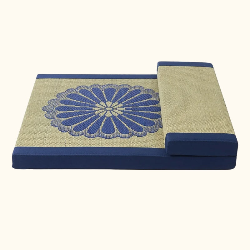 For meditation cushion blue with beige tatami surface navy borders chrysanthemum pattern and backrest pillow on white background