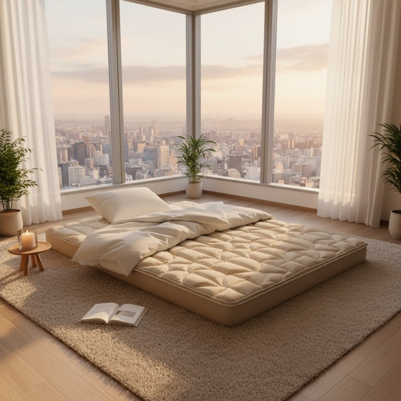 Minimalist futon bed japanese in cream color placed on beige carpet in modern apartment with panoramic city skyline views and natural lighting