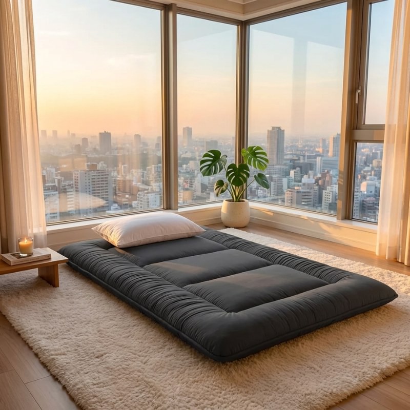 Contemporary futon japanese black bed on beige carpet in modern apartment with monstera plant and stunning city skyline views at golden hour