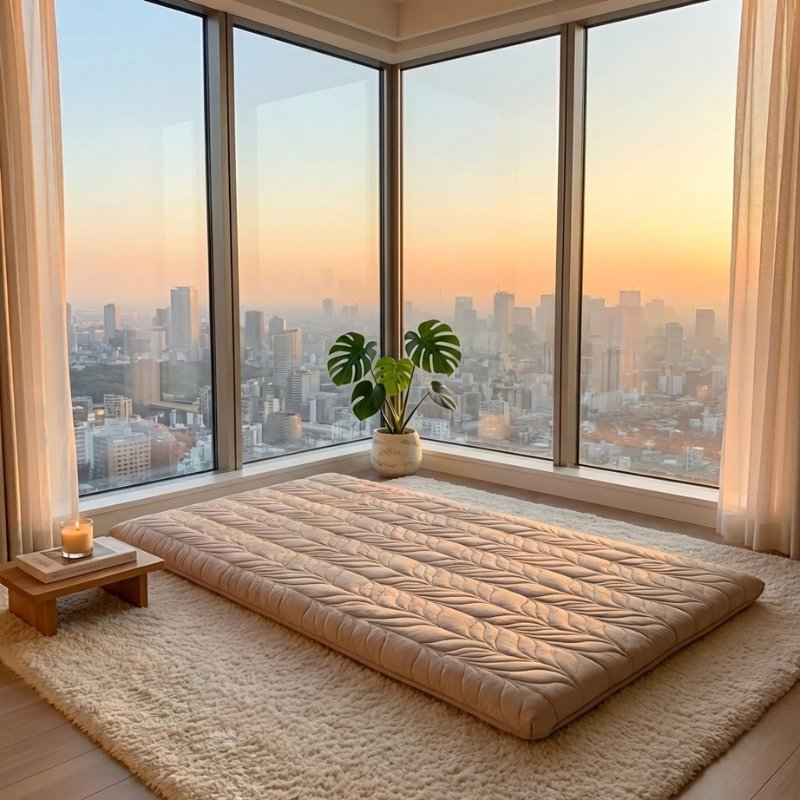 Beige futon japanese mat with wave quilting pattern on plush rug in modern apartment with panoramic city windows at golden hour