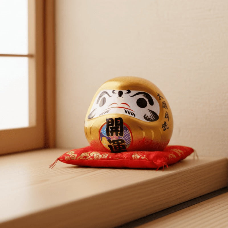 Abundance symbol gold daruma in lustrous finish with traditional characters sitting on red cushion near wooden shelf beside shoji screen window light
