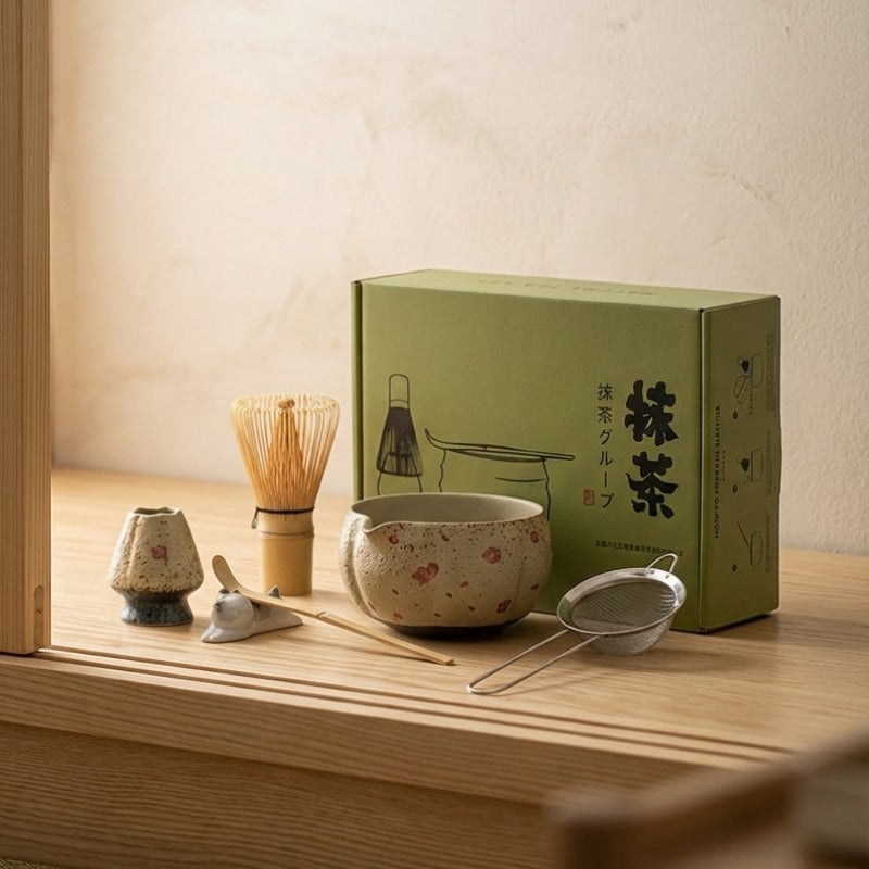 Floral green tea set matcha with cherry blossom bowl speckled ceramic and matcha branded packaging box