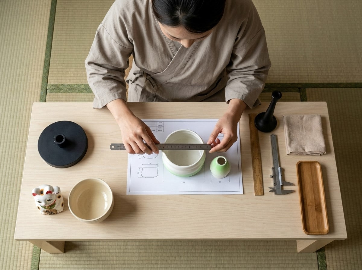 Overhead workshop shot measuring a green and white ceramic matcha bowl with its matching lid on a scale blueprint, maneki neko figurine and calipers on the table
