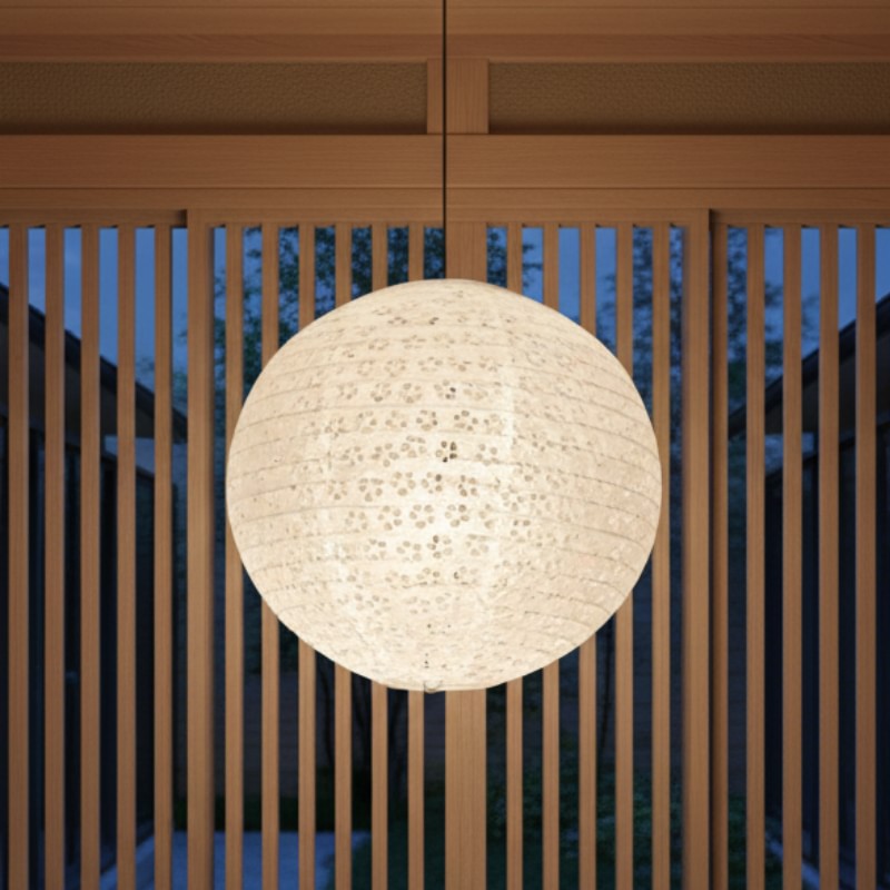 Round hanging japanese lantern glowing softly beneath wooden beam railing overlooking serene outdoor garden area