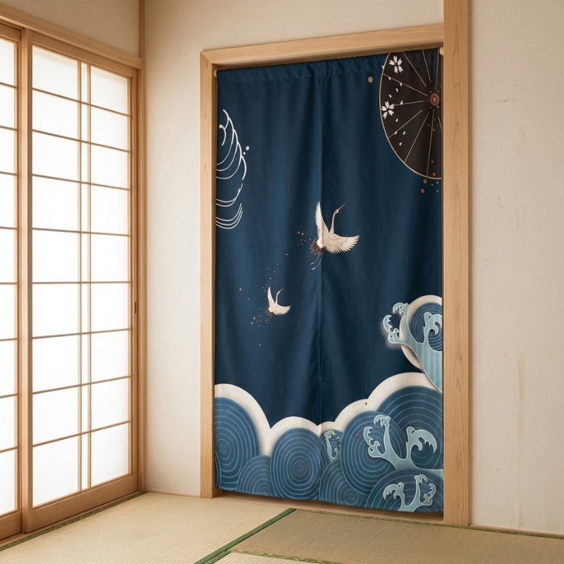 Traditional japan noren curtain with deep navy flying cranes stylized ocean waves and sakura wagasa umbrella displayed in authentic tatami room doorway with light wood shoji screen panels