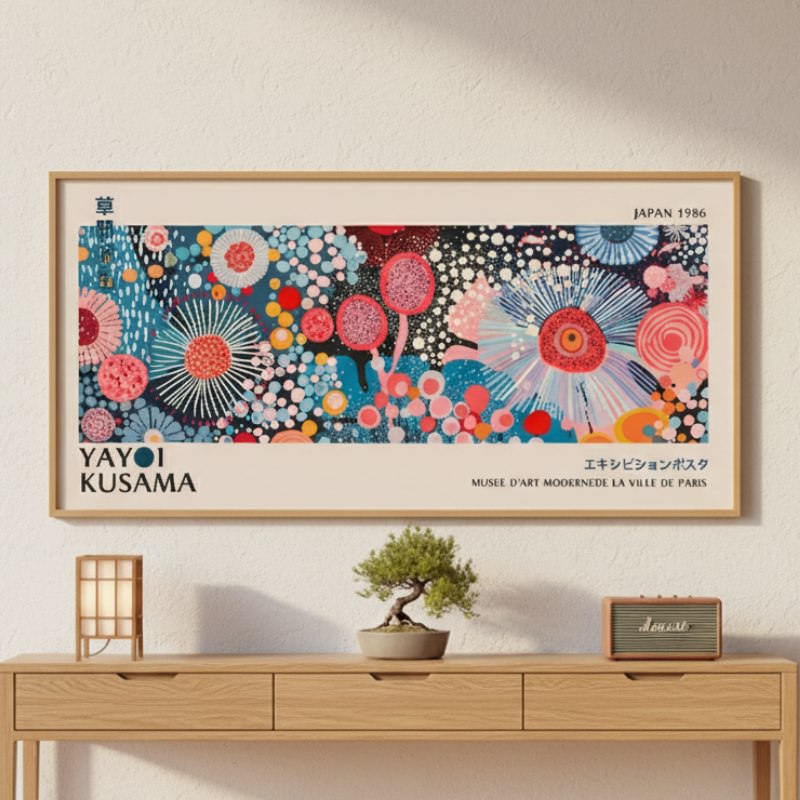 Japanese art canvas prints with vibrant Kusama flower patterns mounted on textured wall above wooden console with bonsai and vintage speaker