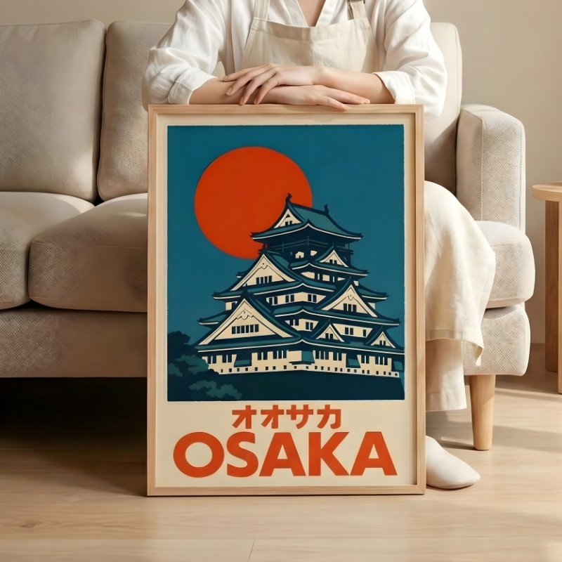 Traditional japanese art prints poster featuring Osaka castle and red sun held by person in minimalist living room with beige sofa