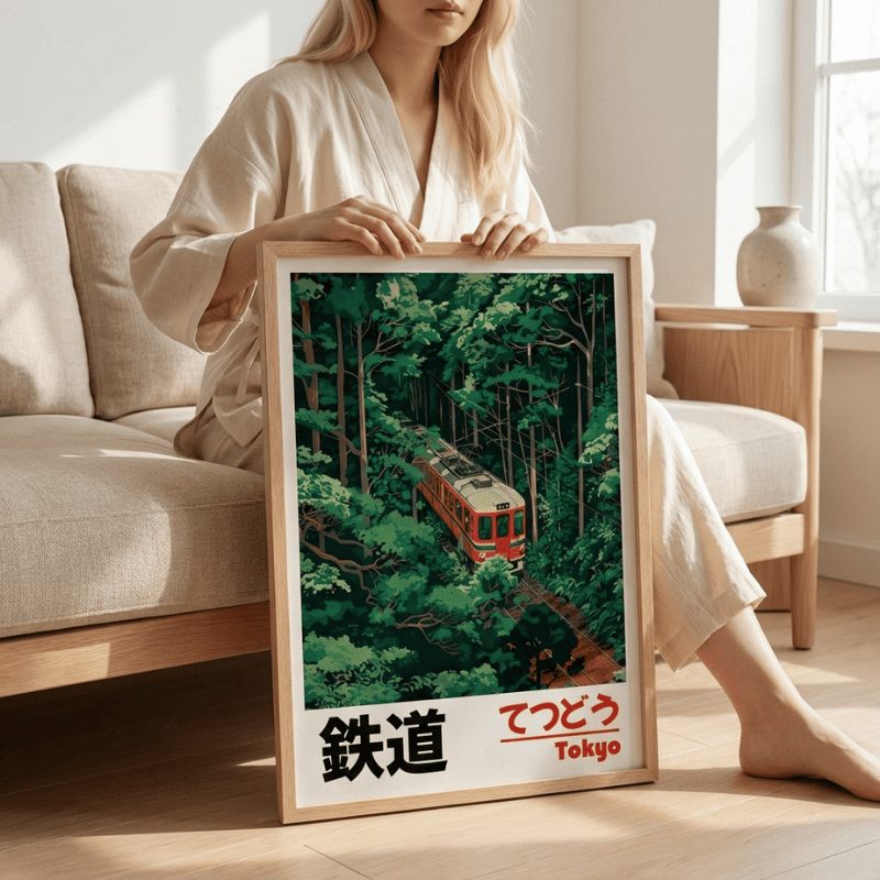 Woman in beige robe presenting japanese artwork prints featuring red railway through forest in natural wood frame on living room floor