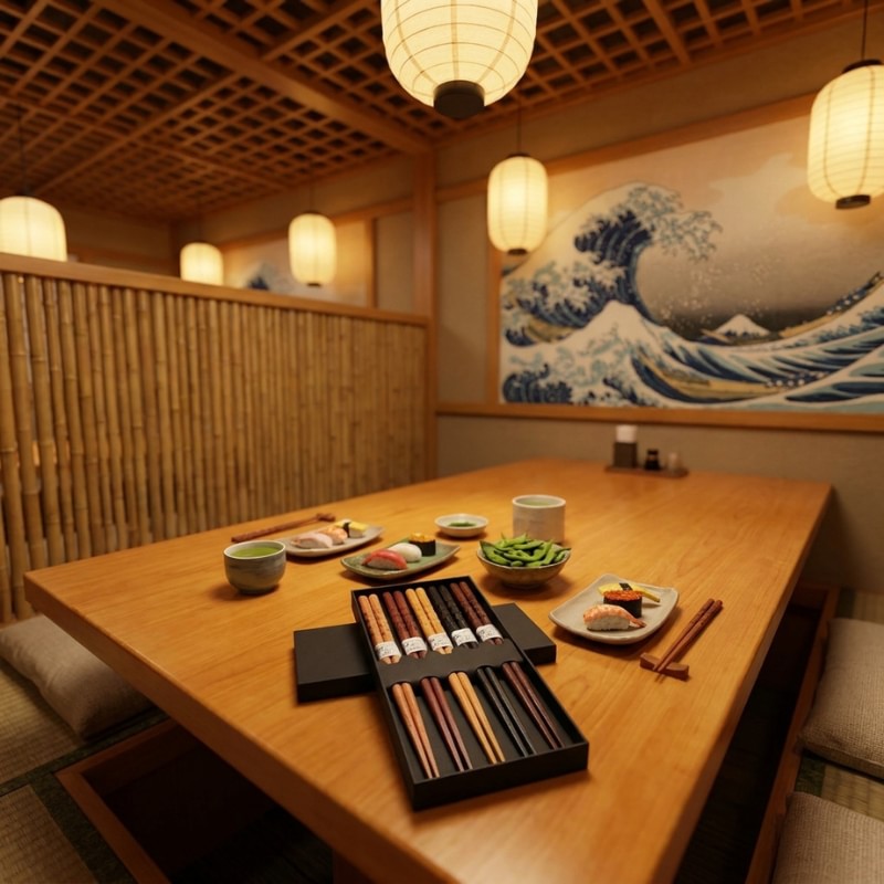 Black gift box of Japanese bamboo chopsticks in assorted wood tones on a low table in a traditional izakaya with paper lanterns, edamame, sushi and a Great Wave mural in the background