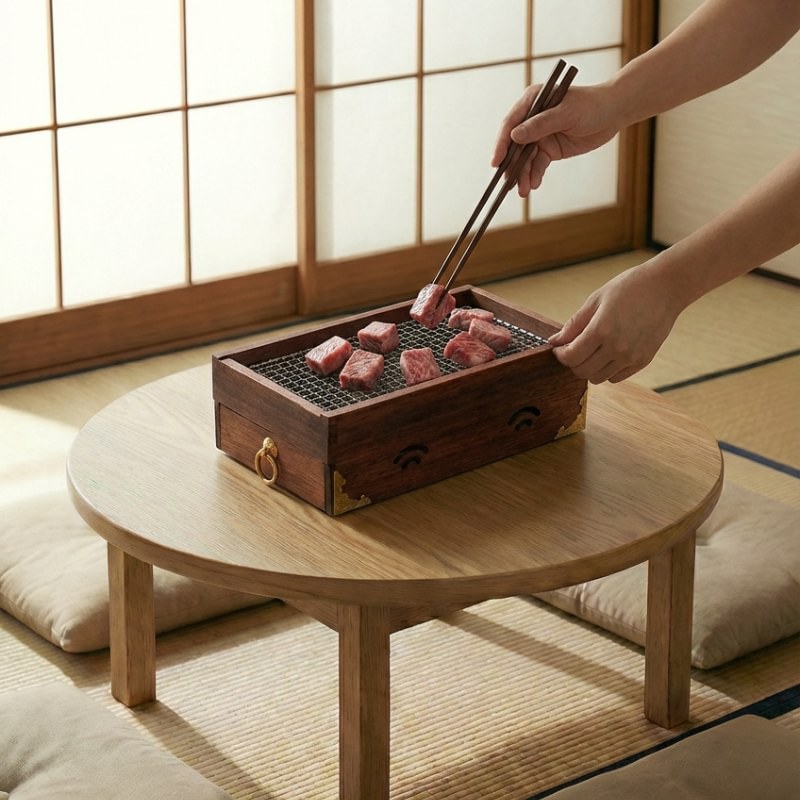 Japanese barbecue charcoal wood grill with hands using chopsticks to cook beef cubes on round low table with floor cushions