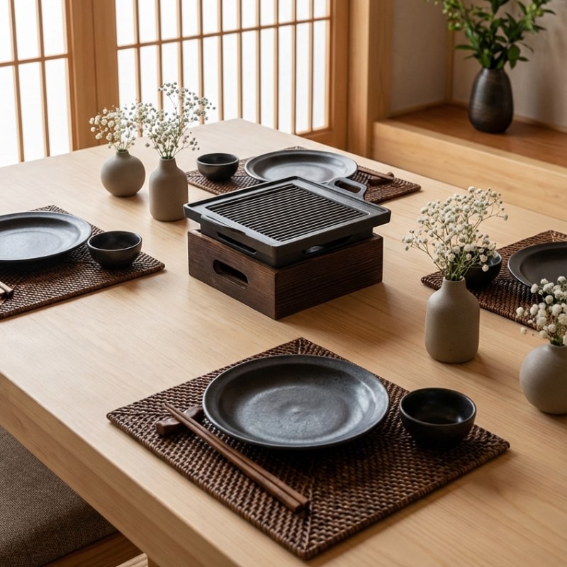 Japanese BBQ grill square format on wooden dining table surrounded by black ceramic dinnerware and woven placemats
