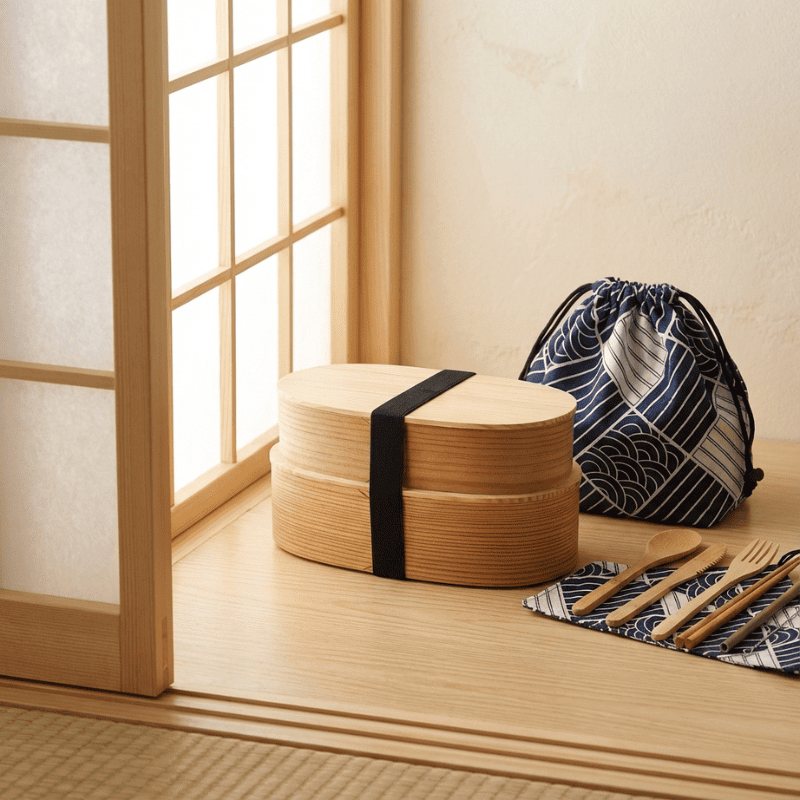 Natural bentwood japanese bento food box with elastic closure and wave-pattern fabric wrap positioned on windowsill catching golden afternoon sunlight