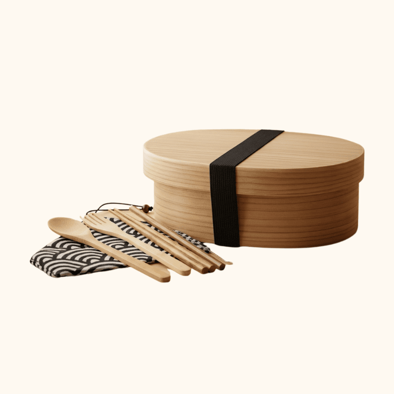 Single-tier light japanese bento wood box with black elastic band and wave-pattern utensil wrap on clean white studio background