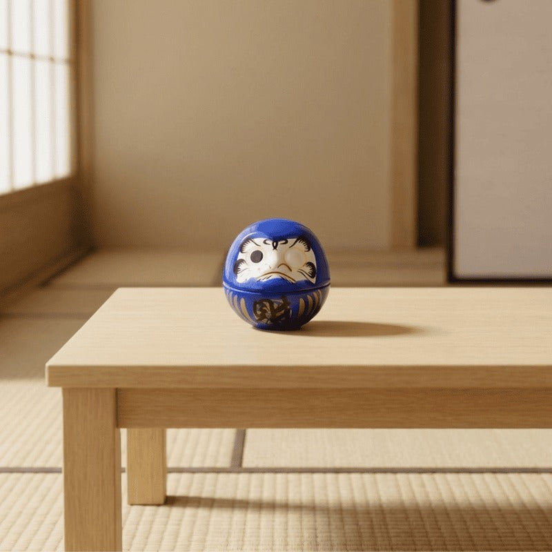 Japanese blue daruma with expressive facial features sitting on low wooden table beside tatami mat in serene traditional room