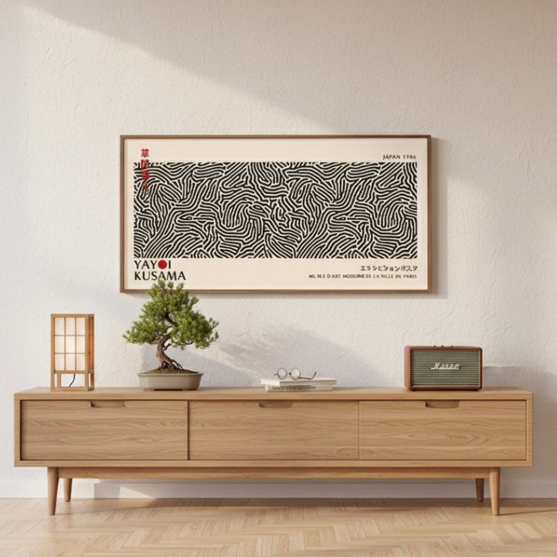 Japanese canvas art black with wave patterns mounted above midcentury modern console with bonsai tree and vintage Marshall speaker