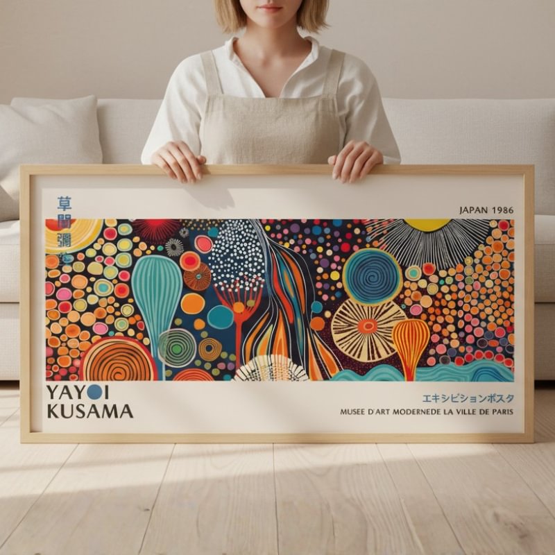 Person holding framed japanese canvas prints with colorful Kusama abstract patterns in neutral minimalist living room setting with natural light
