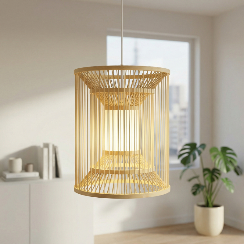 Japanese ceiling light natural bamboo cage pendant with warm inner glow in bright room with monstera plant and city view