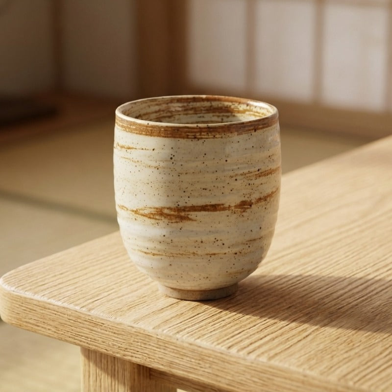 Japanese ceramic tea cups featuring earth tone bands on wooden serving tray with natural grain