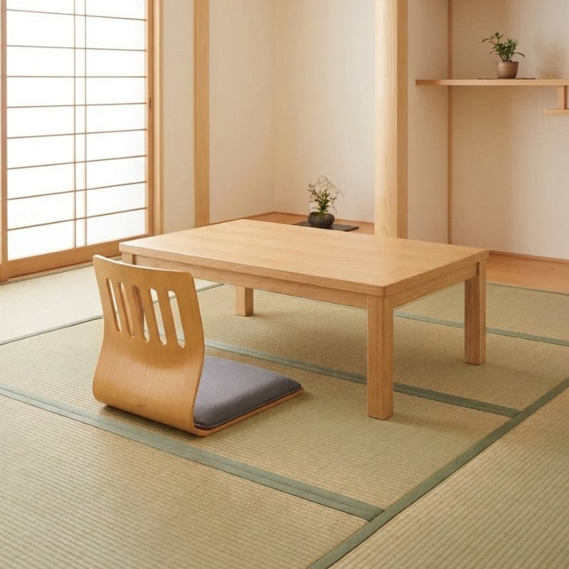 Japanese chair tatami grey with slatted wood back beside low table on tatami floor in traditional room with shoji screen