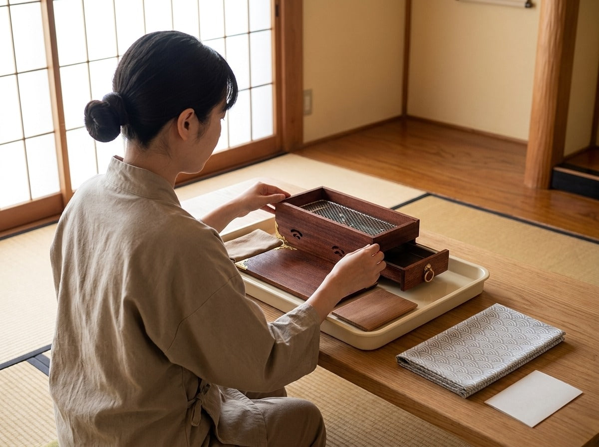 Woman in linen apron carefully examining a Japanese charcoal barbecue made of dark wood with brass fittings and metal mesh grill on a tatami mat floor