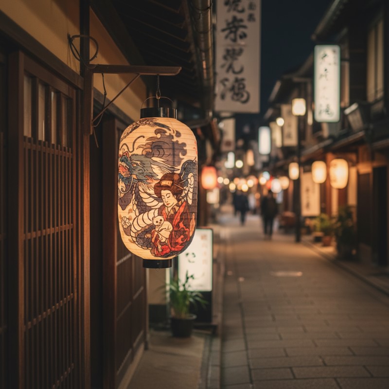 Glowing japanese chochin lantern geisha with traditional ukiyo-e imagery illuminating historic district street at night with wooden shopfronts and soft bokeh