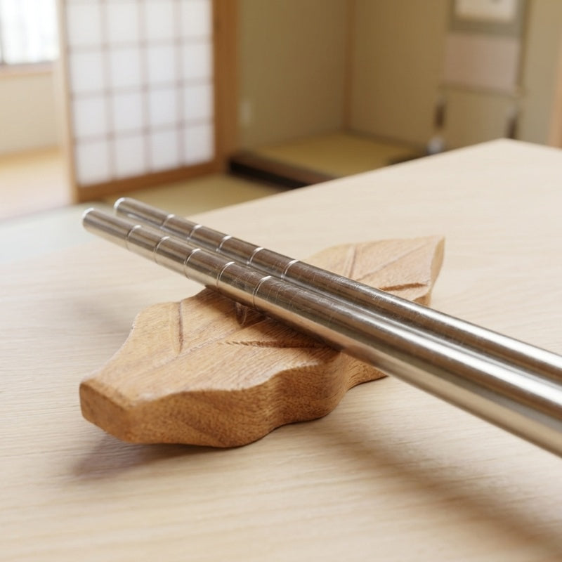 Close-up of a pair of Japanese chopsticks metal stainless steel with ringed grip texture resting on a leaf-shaped wooden holder on a light wood table, shoji room in the background
