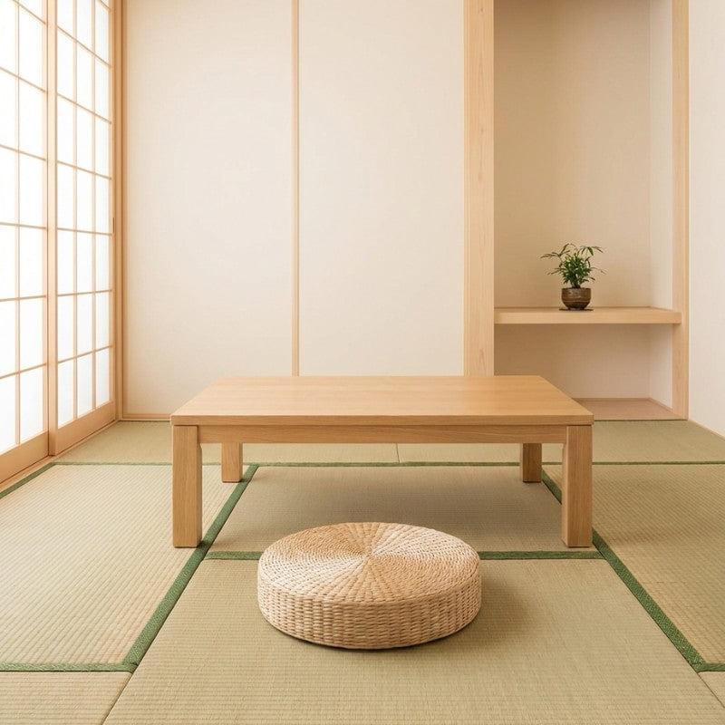 Japanese cushion floor rond in natural woven rattan near wooden table on tatami with shoji screen fusuma and tokonoma