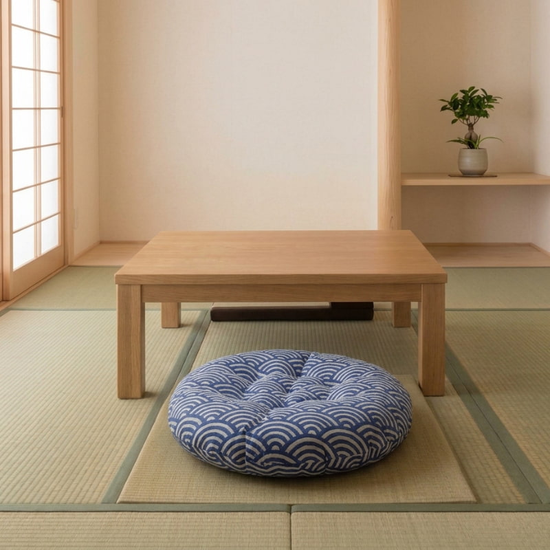 In front of a low wooden table on tatami, a Japanese cushion sits with a blue wave pattern near a shoji door