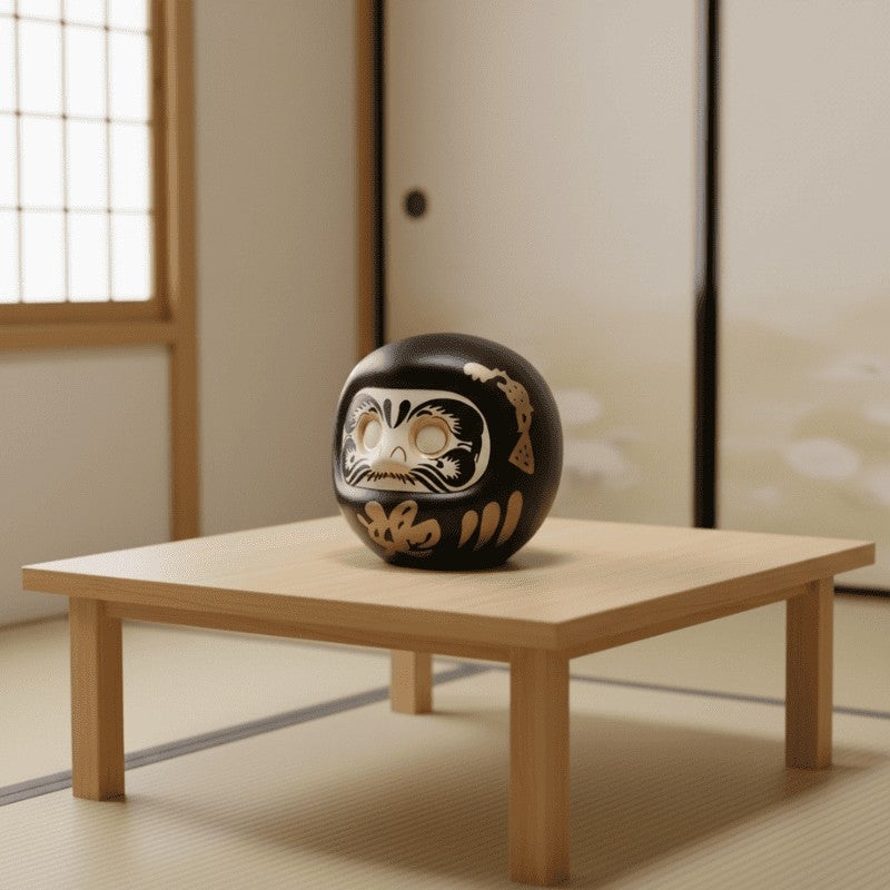 Sophisticated japanese daruma black ceramic with gold decorative patterns displayed on low wooden table in serene tatami room with Shoji sliding doors