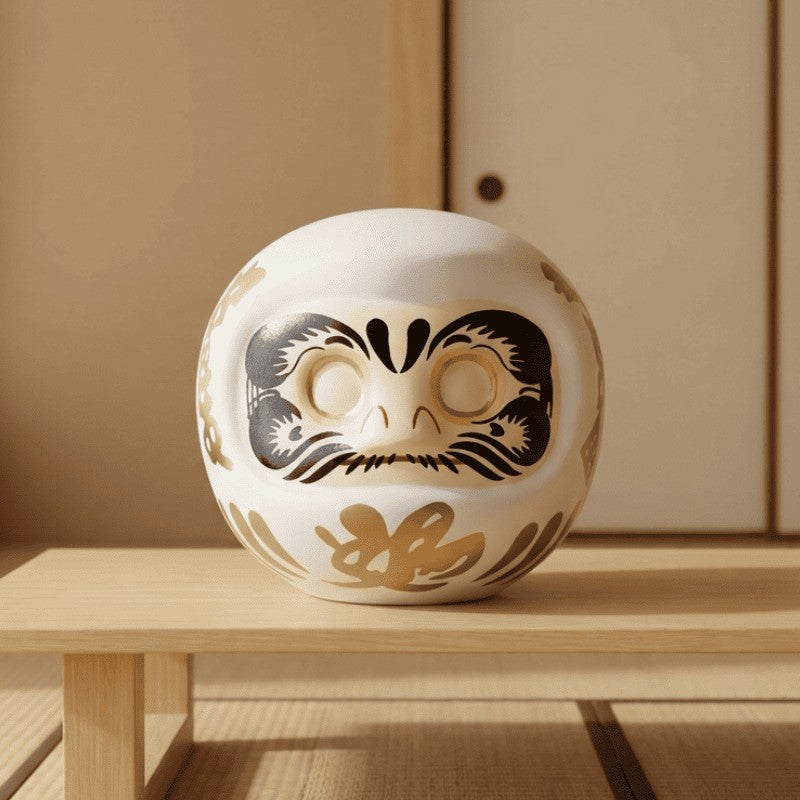 White Japanese daruma doll on wooden table in minimalist Japanese room with shoji screen and tatami