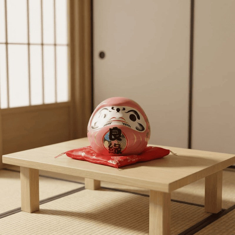 Emotional courage japanese daruma pink in soft ceramic with romantic characters placed on red cushion atop low wooden table in minimalist tatami room