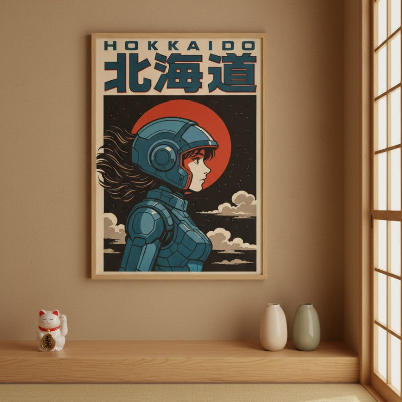 Contemporary japanese fabric print poster featuring profile astronaut illustration hanging on wooden shelf with maneki neko and ceramic vases near shoji window